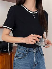 DAZY Camiseta De Cuello Redondo Con Detalles De Contraste - Negro - Ver 15