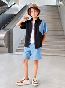 2 pièces Set Chemise casual patchwork et shorts effet denim pour garçons pré-adolescents, tenue d'été - Noir - Voir 1