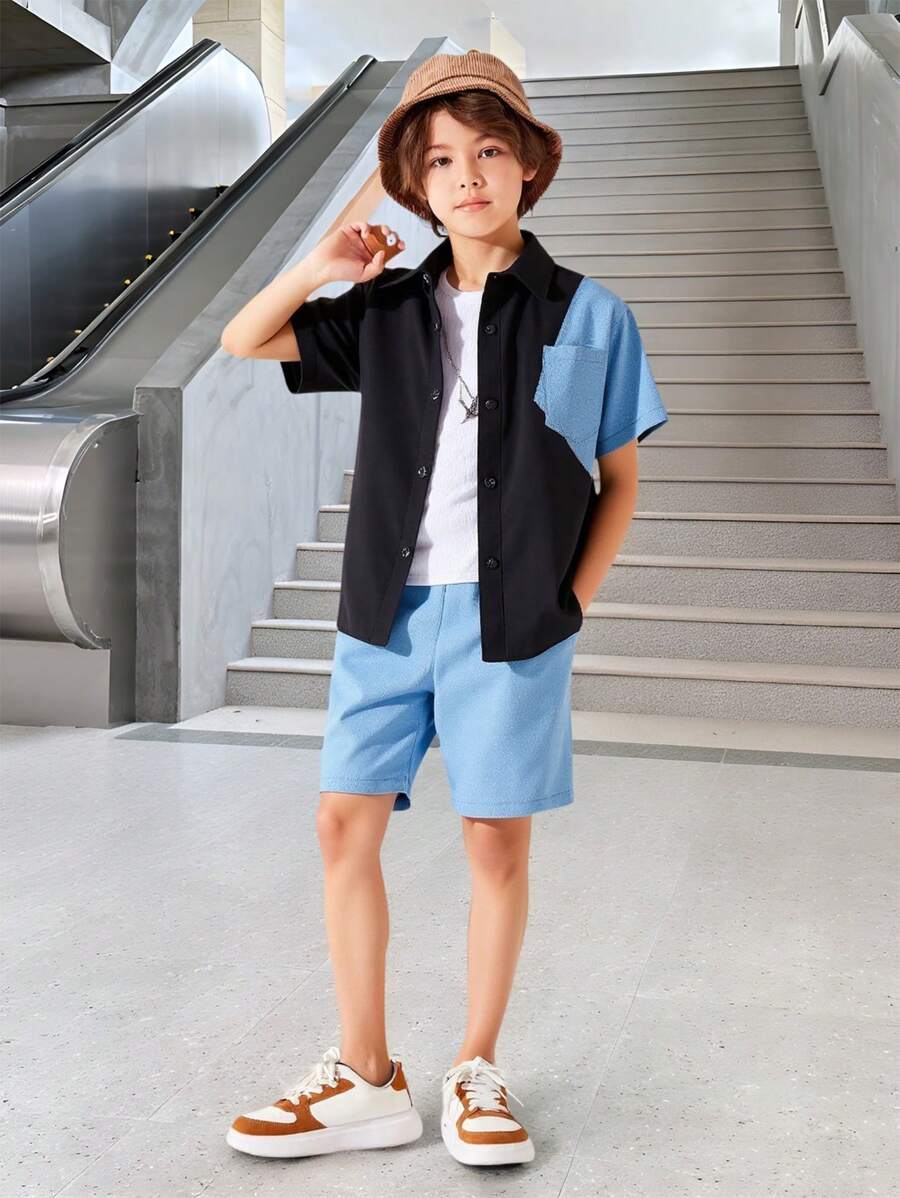 2 pièces Set Chemise casual patchwork et shorts effet denim pour garçons pré-adolescents, tenue d'été - Noir - Voir 1