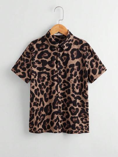 SHEIN Tween Boy Summer Casual Leopard Print Collared Short Sleeve Shirt