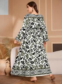 Lacomfia Große Größen Kleid mit V-Ausschnitt, gefalteter Taille, Langarm, Lässig Blume Muster, Regular Fit für Frühling und Herbst