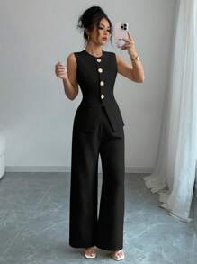 Selianne 女士优雅花卉纽扣休闲/通勤装