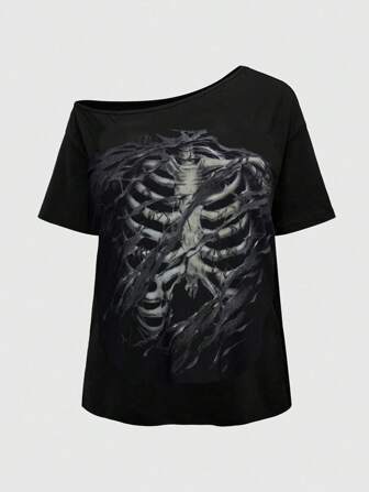 Goth Plus Size Loose Batwing Distressed Cross & Vine Slogan Print T-Shirt