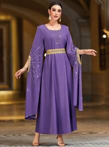 Layrah Elegant Rhinestone Embellished Purple Long Sleeve Turkish Style Dress For Party Kaftan Jalabiya Dress - Purple - View 5