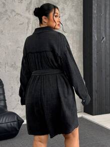 SHEIN EZwear 大码纯色前扣长袖连体衣 - 黑色 - 查看 2