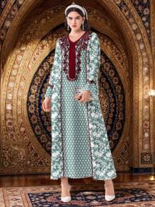 Al Najma 阿拉伯休闲简约阿拉伯风格印花 Jalabiya 连衣裙、简约全长连衣裙、卡夫坦 - 白色 - 查看 1