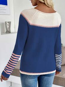 SHEIN LUNE 博主风格拼色宽松超大圆领套头毛衣，欧美风针织套头衫秋冬 - 彩色 - 查看 2