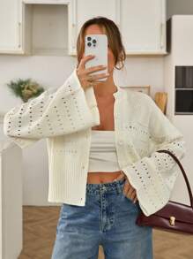 SHEIN Cottnline 女士前扣镂空春季开衫 - 杏色 - 查看 3