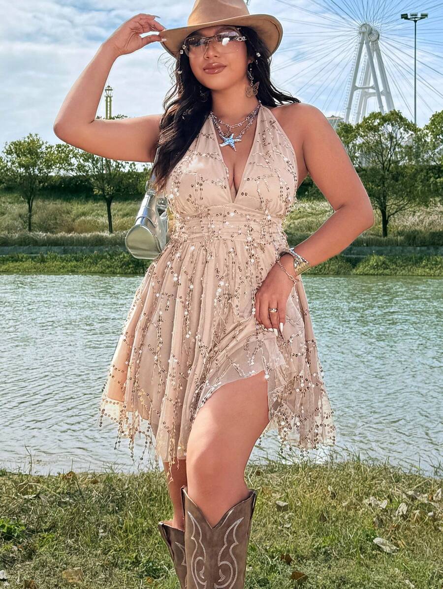 Flirla Plus Size Women Apricot V-Neck Glitter Sheer Mesh Party Dress, Festival/Boho/Hippie/Cowgirl/Old Money Style, Summer Evening Gown