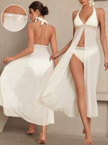 SHEIN Swim Women Sequin Embellished Halter Bikini Swimwear Set, For Summer Beach Vacation - White - View 4