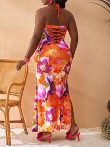 Slaydiva Plus Size Women's Resort Halter Neck Vibrant Print Form-Fitting Dress, Suitable For Beach Vacation - Multicolor - View 9