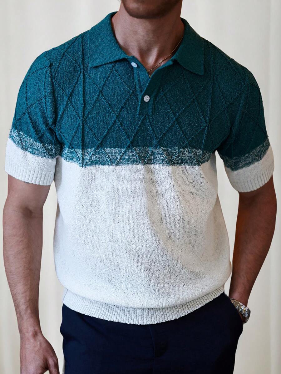 Manfinity Homme Men's Color Block Short Sleeve Knit Sweater - Green - View 1