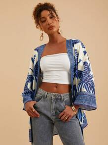 Travachic 女士梭织印花长袖宽松和服罩衫，春夏装，夏季装，沙滩装，女士西部装，春假装，女士音乐会装，波西米亚风，狂欢装，热带度假装，节日装，浪漫装，热带装 - 藍白色 - 查看 5