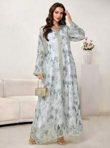 Al Najma Women's V-Neck Tie-Dye Floral Print Chiffon Elegant Maxi Dress, Turkish & Arabian Style, Modest Kaftan - Multicolor - View 3