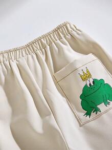 SHEIN Young Boys Basic Casual Style Elastic Waist Pants With Animal Print Pocket And Wooden Button, White Twill Fabric - White - View 7