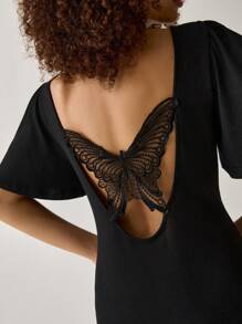 Easelle Spring/Summer Bohemian Style Outfit, Cowgirl Vintage Women's Boat Neck Backless Butterfly Design Black Knit Loose Dress, Suitable For Vacation