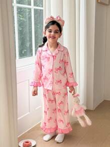 SHEIN Young Girls Pink Floral Pattern Collared Button-Up Shirt & Pants 2 Pieces Pajama Set,Summer Fairy Holiday Night Cotton Loungewear Sleepwear For Kids - White - View 2