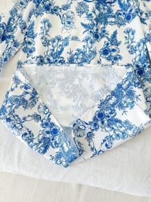 年轻女孩复古花卉图案荷叶边领蝴蝶结装饰长袖宽松睡袍家居服，兄弟姐妹装配套服装（2 件单独出售） - 藍白色 - 查看 3