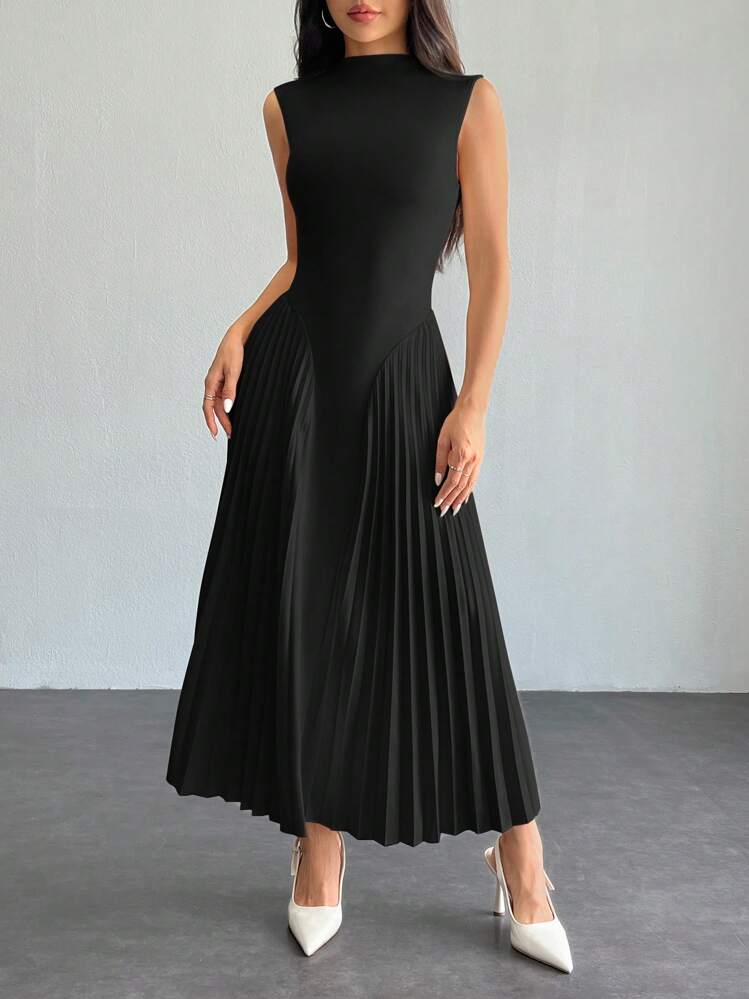 SHEIN PETITE فستان أنيق للنساء بتصميم ضيّق وطبقات متطاول على شكل حرف A - الأسود - مشاهدة 9