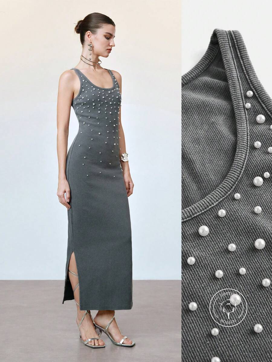 SHEIN Unity Women's Sand Washed Elegant Pearl Decor Cotton Slim Fit Bodycon Tank Maxi Dress,Charcoal Gray Summer Dinner Date Vacation Beach Wear Outfit - Grey - View 1
