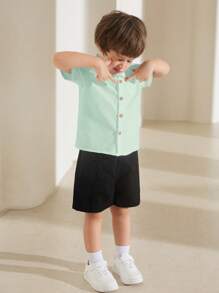 SHEIN Leap Crew Young Boy Plain Color Single-Breasted Casual Fashion Shirt - Mint Green - View 5