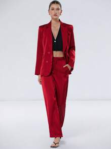 Aveloria Modichic Women's Solid Color Notched Collar Long Sleeve Jacket And Pants Suit Set Fall Cloth For Women - Red - View 4