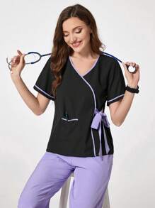 SHEIN TaskFit 对比色饰边系带裹身短袖手术服套装 - 彩色 - 查看 5