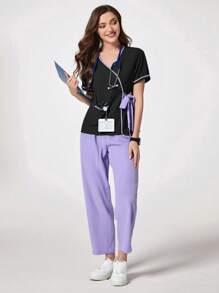 SHEIN TaskFit 对比色饰边系带裹身短袖手术服套装 - 彩色 - 查看 7