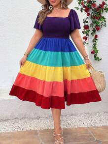 SHEIN Clasi 大码扎染荷叶边肩部荷叶边拼接拼色中长连衣裙，LGBT 彩虹 A 字裙 - 彩色 - 查看 3