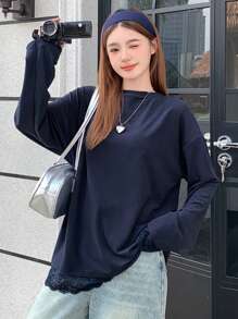 DAZY Women's Casual Loose Lace Patchwork Drop Shoulder Round Neck Long Sleeve T-Shirt,Fall Clothes