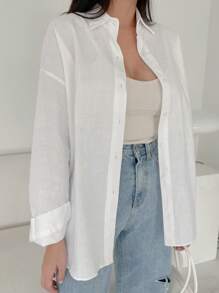 DAZY 纯色纽扣前落肩宽松衬衫，长袖上衣 - 白色 - 查看 8