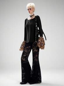 SHEIN EZwear 女式夏季 Y2K 街头服饰复古休闲装 垃圾摇滚休闲豹纹拼布荷叶边 T 恤 - 黑色 - 查看 4