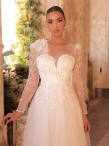 Glamrae 优雅奢华刺绣串珠 3D 花卉透明长袖泡泡纱舞会礼服，带拖尾，适合婚礼、舞会、派对、度假、婚纱 - 米色 - 查看 2