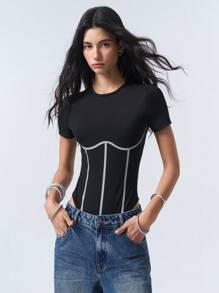 LYSMO Athletic Style Reflective Striped Short Sleeve Bodysuit - Black - View 5