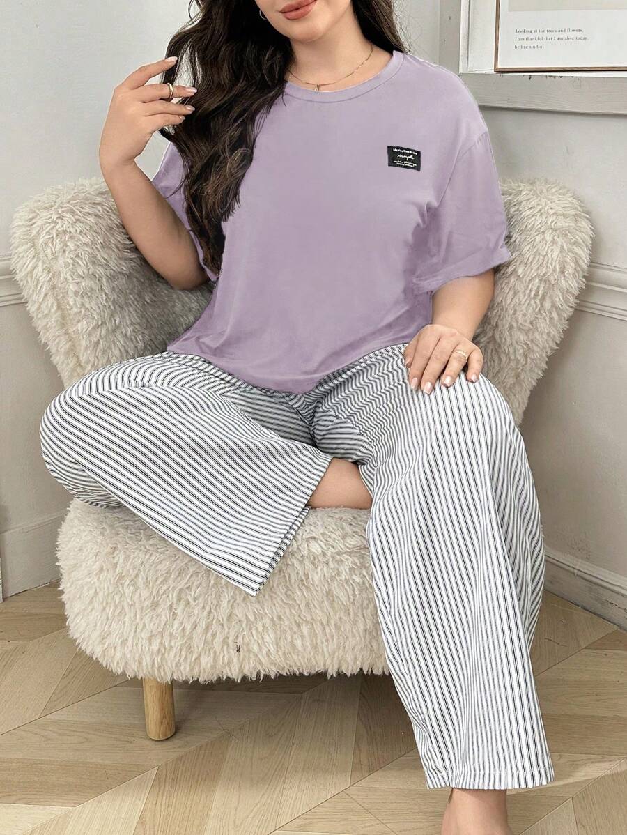2pcs Plus Size Sleepwear Set: Letter Print Short Sleeve T-Shirt Top And Striped Pajama Pants, Outfits - Mauve Purple - View 1