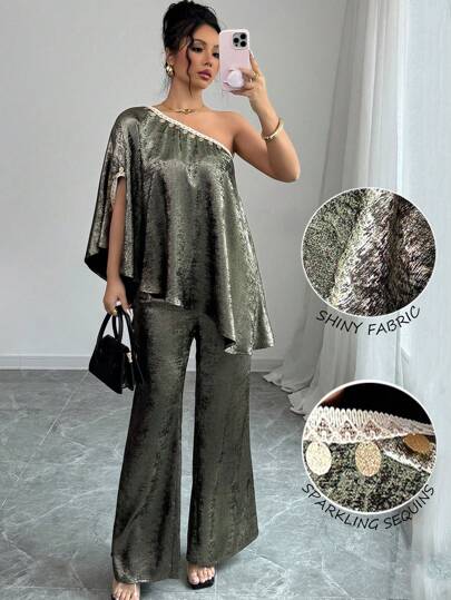 Elenzga 女士春夏优雅简约精致派对不对称肩部、金属色、金属线、亮片流苏吊坠、狂欢节、母亲节、复活节免费垂坠宽松上衣和修身喇叭裤 2 件套、女士夏季奢华晚礼服套装