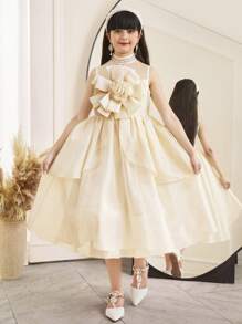 SHEIN Tween-Mädchen Elegantes Organza-Kleid mit Blumenmuster, Stehkragen und doppellagigem Saum aus Jacquard - Aprikosenfarben - Übersicht 15