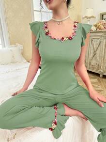 CottageSlumber 小花朵刺绣装饰方领盖袖上衣和裤子女士睡衣套装休闲套装节日季