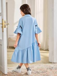 SHEIN Leap Crew Vestito camicia per ragazze pre-adolescenti in blu cielo, con maniche a campana arricciate, fiocco decorativo, vestibilità ampia e comoda, adatto per il ritorno a scuola e uso casual - celeste - Visualizzare 2