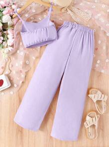 2pcs Vacation Chiffon Tank Top & Pants Set For Teen Girls - Dusty Purple - View 2