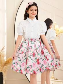 SHEIN Leap Crew 青少年女孩优雅领口荷叶边和水钻装饰衬衫上衣和裙子 2 件套 - 白色 - 查看 4