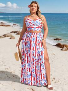 SHEIN VCAY Plus Size Holiday Island Romantic Casual Navy Red Ocean Shell Tie-Back Bow Cami Matching Long A-Line Slit Hem Skirt 2 Pieces Set, Spring/Summer, Sailor Style South Beach Outfits Coast Outfits Summer South Beach Outfits Easter Outfit Women Rave Outfits Country Concert Outfit Nashville Outfits Coachella Outfits Ibiza Outfits Vacation Two Pieces Set Tropical