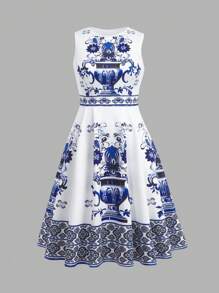 SHEIN Clasi Spring/Summer Plus Size Women Sleeveless Gathered Waist Flared Hem Dress With Pockets, Blue & White Floral Print, Elegant Daily Wear - Blue and White - View 2