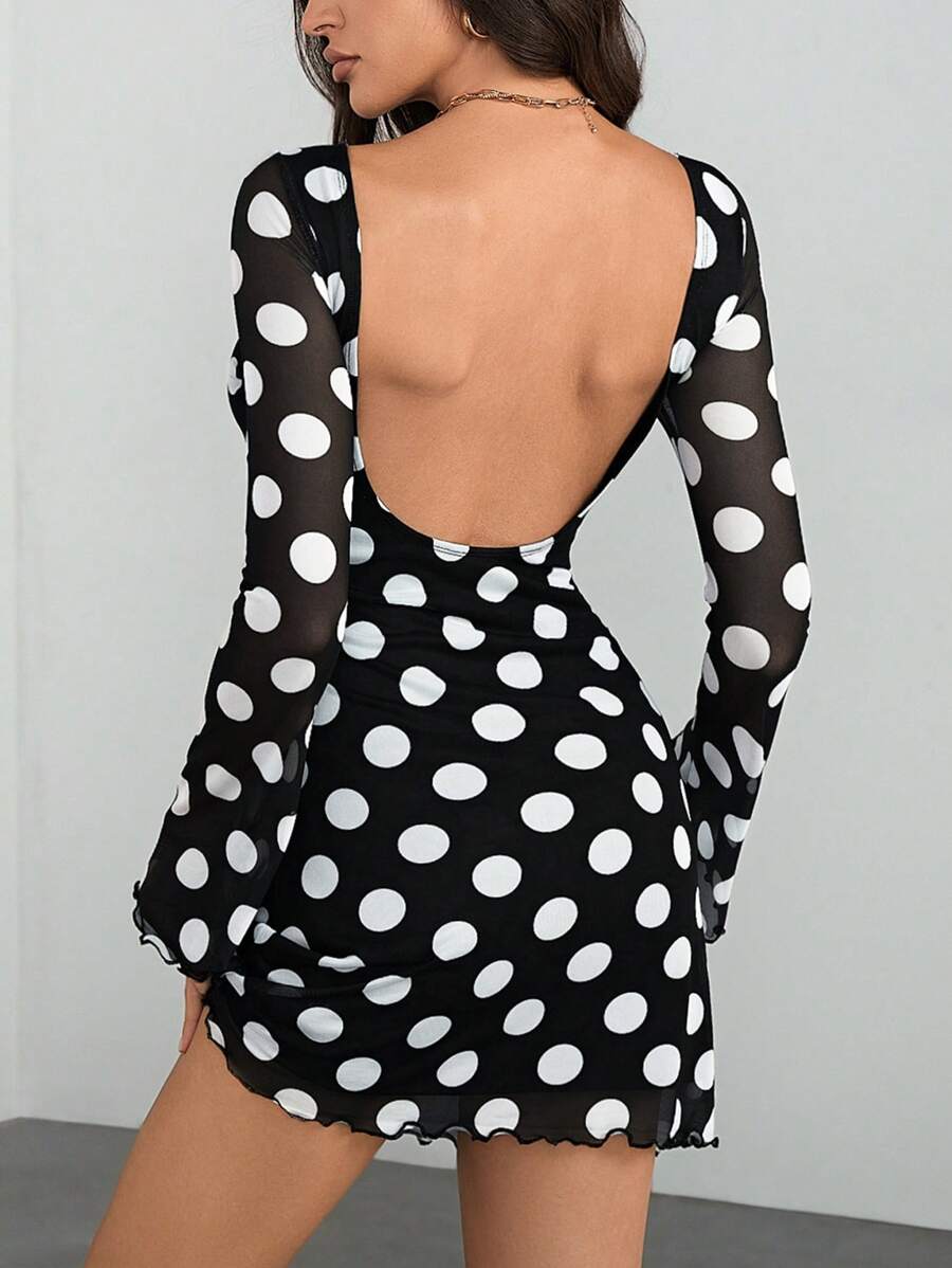 SHEIN Tall 女式修身时尚长袖圆点印花露背连衣裙