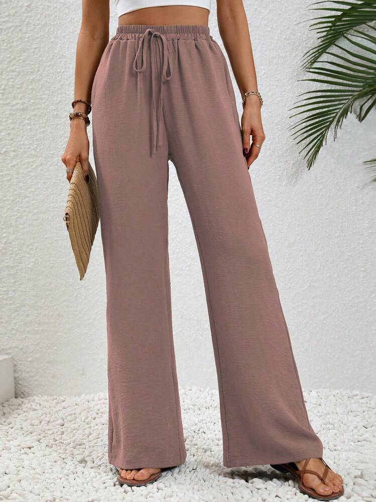 SHEIN LUNE Women's Plain Color Loose Drawstring 7/9 Length Pants, Minimalist Style Fall Cloth For Women - Dusty Pink - View 3