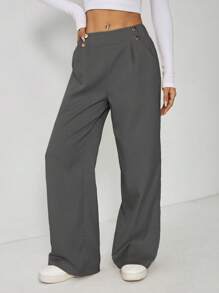 SHEIN PETITE Pantalones rectos elegantes de oficina con doble botón para mujer
