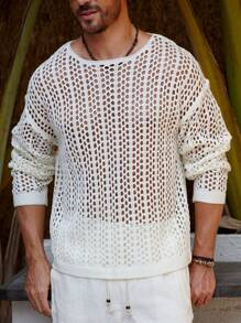 Manfinity CityGents Suéter de cuello redondo de manga larga con diseño hueco para hombres