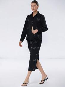 SHEIN Privé Set da 2 pezzi di abbigliamento casual da ufficio per donne: camicia con colletto e polsini con bottoni + gonna lunga basic, in tessuto premium con ricamo - nero - Visualizzare 5