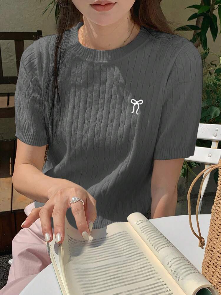 Top de manga corta de punto con lazo, minimalista y de moda para mujer