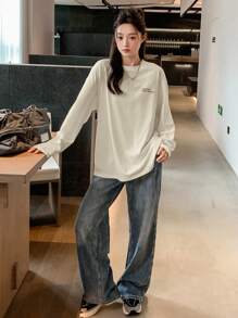 DAZY Của phụ nữ Trở lại In bờ biển Tay áo dài Áo thun - Màu be - Xem 5